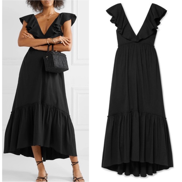 La Ligne De'ete Black Ruffled Stripe Cotton Blend Poplin Maxi Dress Size Medium - Picture 2 of 14